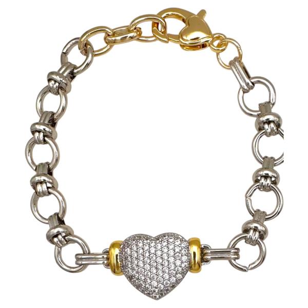 TWO TONE OMEGA CHAIN CZ PAVE HEART BRACELET