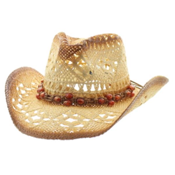 WESTERN STRAW OPEN WEAVE BEADED BAND COWBOY SUN HAT