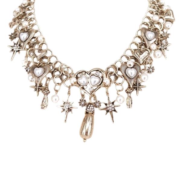 PEARL RHINESTONE MULTI CHARM STATEMENT NECKLACE