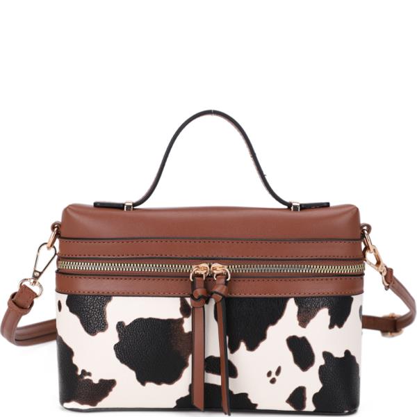 COW PRINT DOUBLE ZIP CROSSBODY BOX BAG