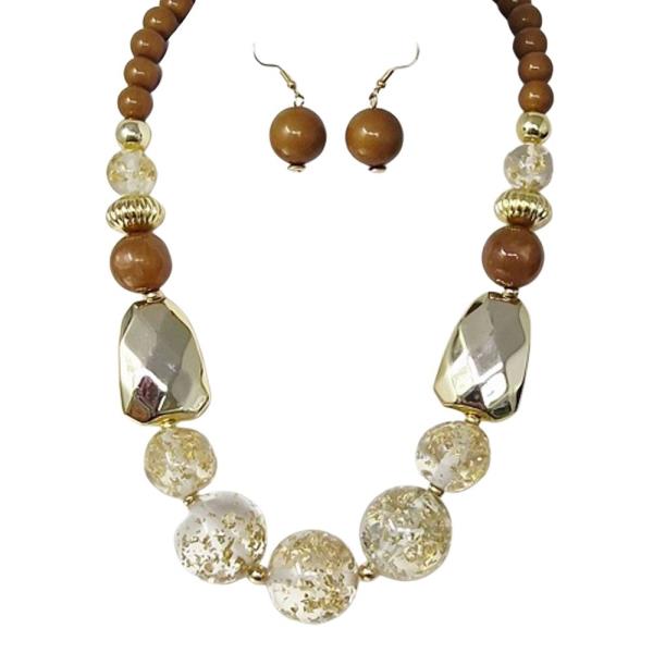 METAL RESIN BEAD STATEMENT NECKLACE EARRING SET