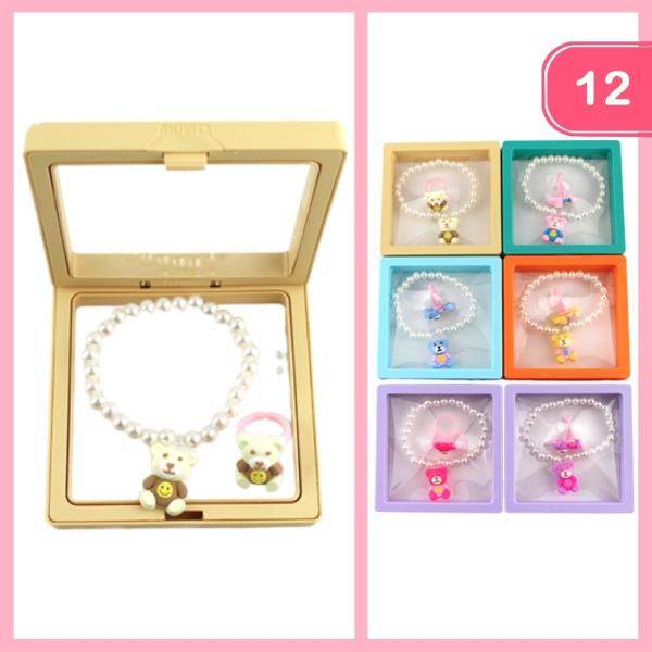 PEARL TEDDY BEAR CHARM BRACELET RING SET (12 UNITS)