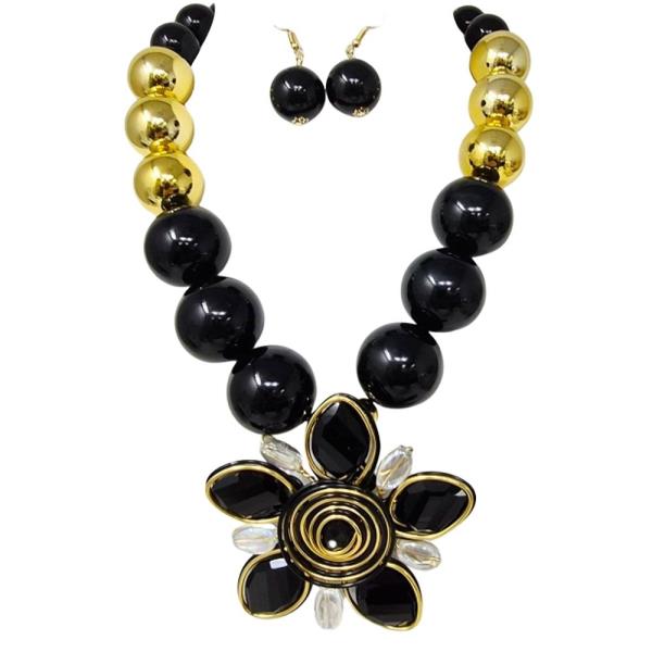 BEAD FLOWER STATEMENT NECKLACE EARRING SET