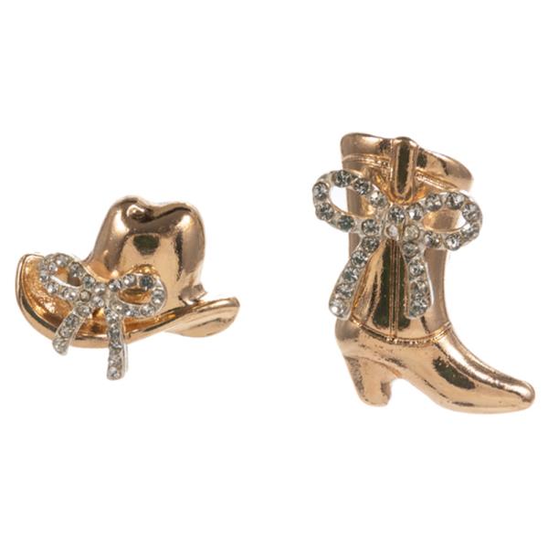 WESTERN HAT & BOOT SHAPED METAL W/ RHINESTONE PATTERN BOW  EARRING