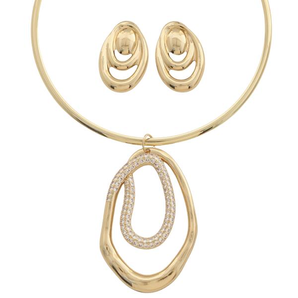 LOOP DOUBLE ORGANIC SHAPE PENDANT CHOKER NECKLACE EARRING SET