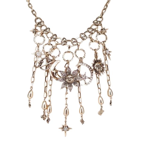 RHINESTONE SUN MOON STAR MULTI CHARM CHAIN STATEMENT NECKLACE