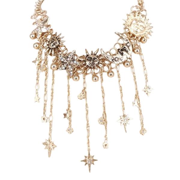 RHINESTONE SUN MOON STAR MULTI CHARM FRINGE STATEMENT NECKLACE