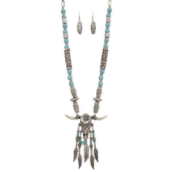 WESTERN STYLE BULL FEATHER SKULL PENDANT BEAD CHAIN NECKLACE EARRING SET