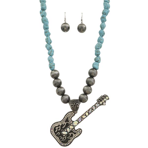 WESTERN STYLE GUITAR PENDANT BEAD STONE NECKLACE EARRING SET