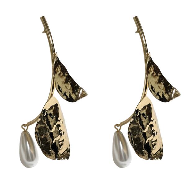 METAL PEARL LEAF DROP EARRING