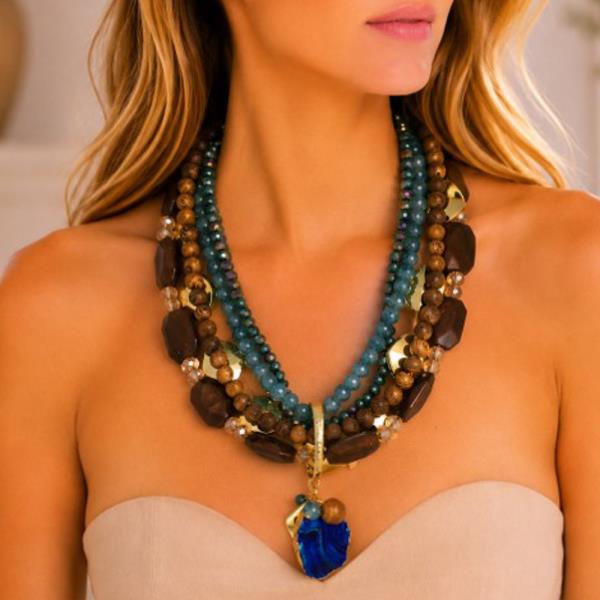 METAL STONE BEAD PENDANT MULTI STRAND NECKLACE