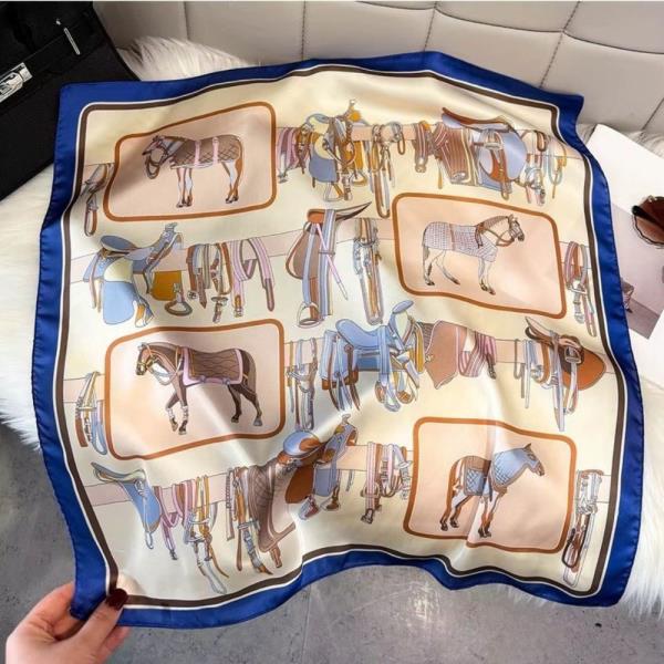 HORSE CARRIAGE PRINT SILKY SQUARE BANDANA NECK SCARF