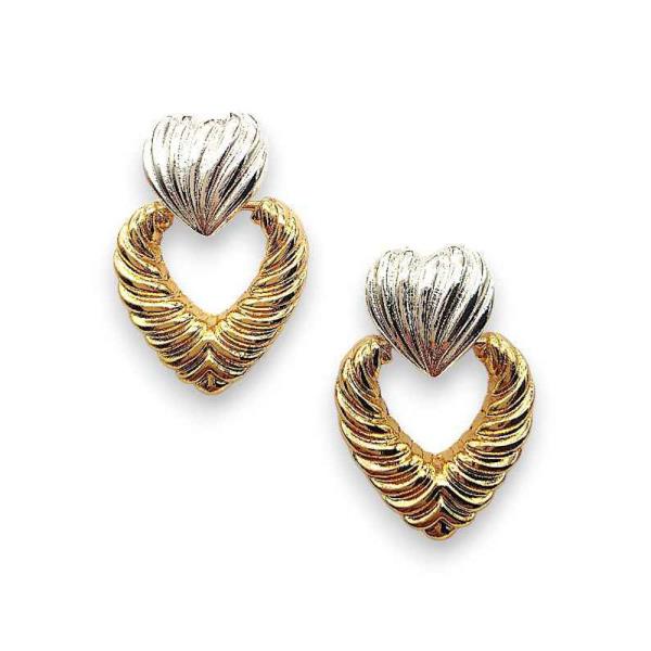 TWO-TONE RIBBED HEART STUD OPEN HEART DROP EARRING