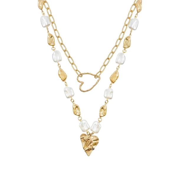 PEARL METAL BEAD HEART PENDANT LAYERED NECKLACE
