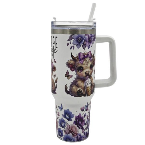 40OZ BABY HIGHLAND COW FLORAL TUMBLER WITH HANDLE & STRAW (PURPLE FLOWER DESIGN)
