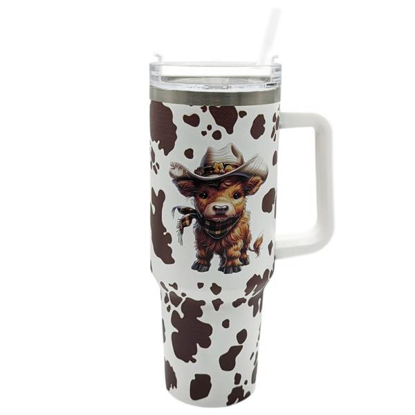 40OZ HIGHLAND COW COWHIDE PRINT TUMBLER WITH HANDLE & STRAW (WESTERN RANCH DESIGN)