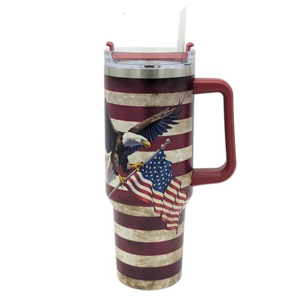 40OZ AMERICAN FLAG EAGLE TUMBLER WITH HANDLE & STRAW (VINTAGE PATRIOTIC DESIGN)