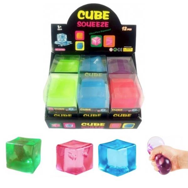 CUBE SQUISHY SQUEEZE STRETCH GEL CUBE TOY DISPLAY SET (12 UNITS)