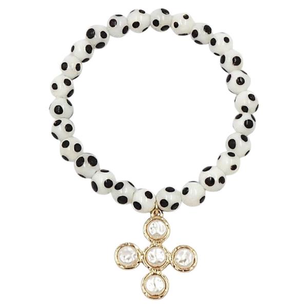 POLKA DOT PEARL CROSS CHARM BRACELET