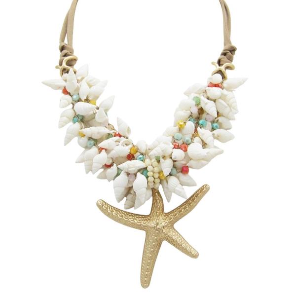 SEALIFE SHELL SEA SNAIL BEAD STATEMENT NECKLACE