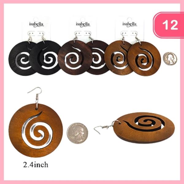 WOODEN ROUND SWIRL DANGLE EARRING (12 UNITS)