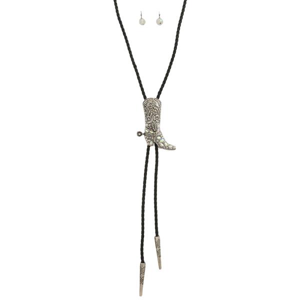 RHINESTONE WESTERN BOOTS BOLO NECKLACE EARRING SET