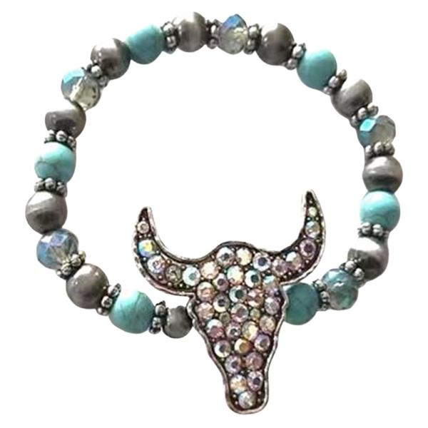 RHINESTONE BULL SKULL BEADED STRETCH BRACELET