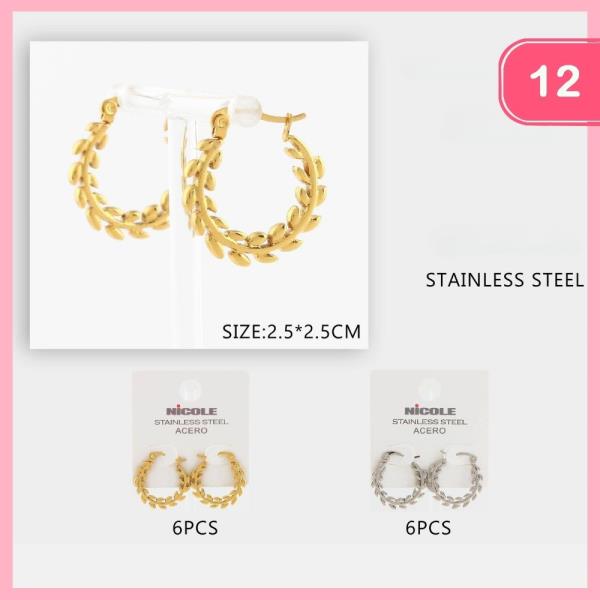 STAINLESS STEEL LEAF VINE HOOP EARRING (12 UNITS)