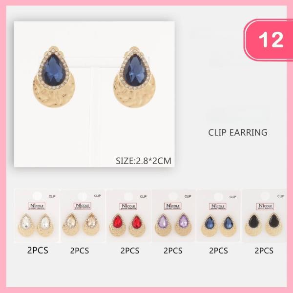 METAL RHINESTONE TEARDROP CLIP ON EARRING (12 UNITS)