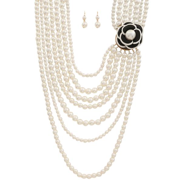 MULTI LAYER PEARL FLOWER NECKLACE EARRING SET