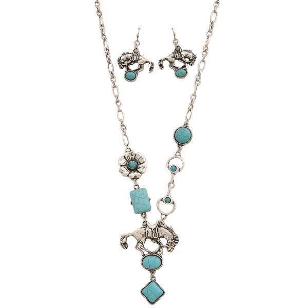 WESTERN HORSE THEME STONE NECKLACE EARRING SET