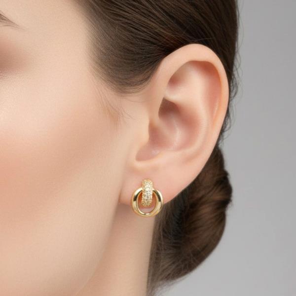 14K GOLD WHITE GOLD DIPPED DOUBLE LINK PAVE POST EARRINGS