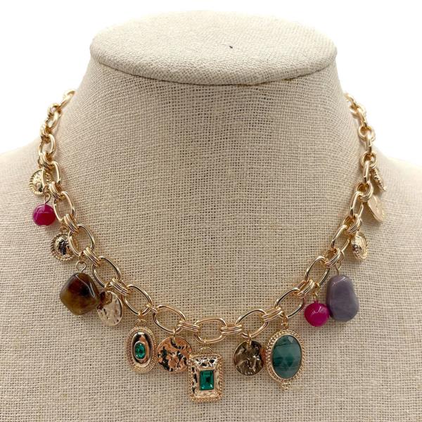ACRYLIC STONE MULTI CHARM CHAIN NECKLACE