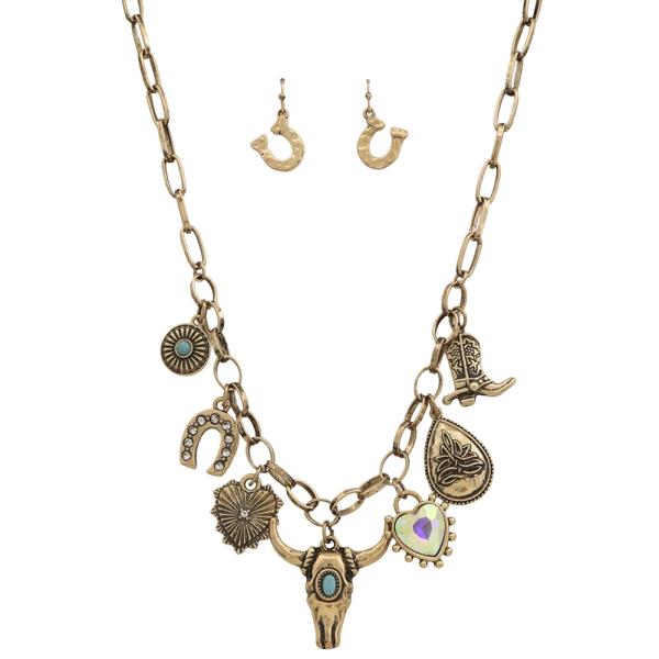 WESTERN TURQUOISE BULL SKULL MULTI CHARM NECKLACE