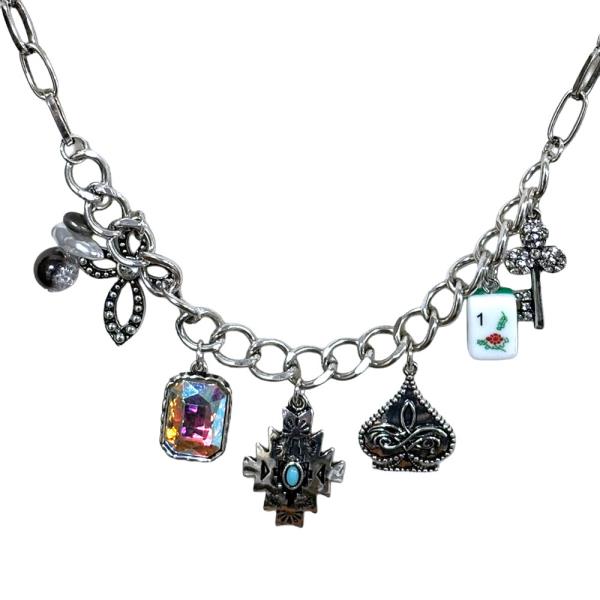 WESTERN TURQUOISE FLOWER CROSS MULTI CHARM NECKLACE