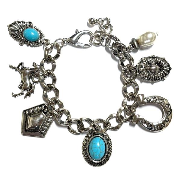 WESTERN TURQUOISE HORSE MULTI CHARM CHAIN BRACELET