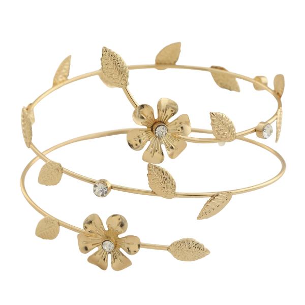 SDJ SPIRAL TEXTURED LEAVES CRYSTAL FLOWER ARM CUFF BRACELET