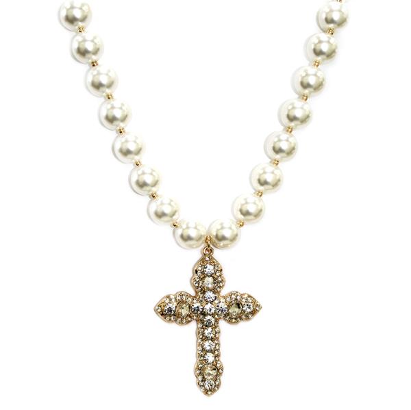 RHINESTONE CROSS PEARL BEADED NECKLACE