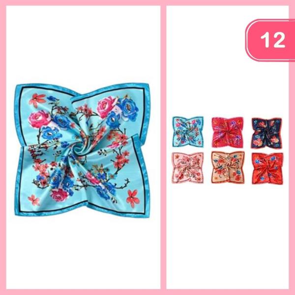 FLOWER PRINT SQUARE SILK LIKE SCARF (12 UNITS)