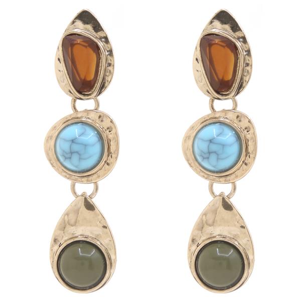 MIX COLOR GEM STONE METAL SHAPE DROP EARRING